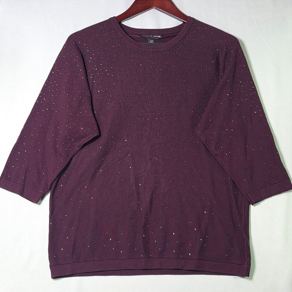 Cable & Gauge Burgundy Plum Rhinestone Embellished 3/4 Sleeve Knit Top Large